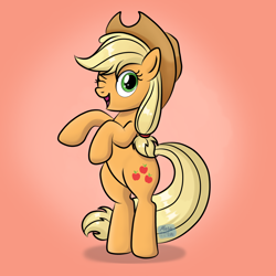 Size: 2200x2200 | Tagged: safe, artist:marakoru_luv, artist:marakoruluv, derpibooru import, applejack, earth pony, pony, applejack's hat, bipedal, clothes, cowboy hat, cute, female, gradient background, hat, high res, jackabetes, looking at you, mare, one eye closed, open mouth, open smile, smiling, smiling at you, solo, wink, winking at you