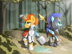 Size: 4000x3000 | Tagged: safe, artist:flaremoon, derpibooru import, oc, oc:bright hammer, oc:wind fury, pegasus, unicorn, armor, armor skirt, fantasy class, female, forest, forest background, guardsmare, hammer, knight, magic, mare, paladin, plate armor, royal guard, skirt, spear, telekinesis, warrior, weapon