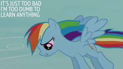 Size: 2000x1125 | Tagged: safe, derpibooru import, edit, edited screencap, editor:quoterific, screencap, rainbow dash, pony, testing testing 1-2-3, solo