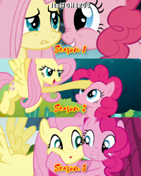 Size: 2458x3072 | Tagged: safe, derpibooru import, edit, edited screencap, editor:itsmgh1203, screencap, fluttershy, pinkie pie, earth pony, pegasus, pony, dragonshy, putting your hoof down, season 1, season 2, season 3, too many pinkie pies, :o, boop, cute, diapinkes, duo, duo female, female, flying, mare, nose to nose, noseboop, open mouth, open smile, shyabetes, smiling, spread wings, text, wings