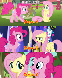 Size: 2458x3072 | Tagged: safe, derpibooru import, edit, edited screencap, editor:itsmgh1203, screencap, fluttershy, pinkie pie, earth pony, mouse, pegasus, pony, rabbit, buckball season, castle sweet castle, filli vanilli, season 4, season 5, season 6, animal, duo, duo female, female, frown, mare, open mouth, open smile, smiling, text, twilight's castle