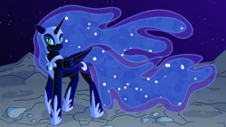 Size: 1920x1080 | Tagged: safe, artist:toshimatsu, derpibooru exclusive, derpibooru import, nightmare moon, alicorn, pony, armor, female, horn, mare, moon, night, solo, stars, wings