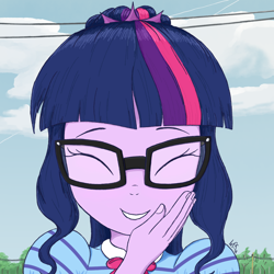 Size: 1500x1500 | Tagged: safe, artist:lef-fa, derpibooru import, sci-twi, twilight sparkle, better together, equestria girls, my little shop of horrors, cute, eyes closed, giggling, glasses, reference, sky background, solo, twiabetes