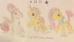 Size: 2246x1295 | Tagged: safe, artist:mlpfantealmintmoonrise, derpibooru import, cherry jubilee, fluttershy, spitfire, oc, pegasus, pony, unicorn, atg 2023, colored pencil drawing, crossover, horn, lalaloopsy, newbie artist training grounds, pegasus oc, pen drawing, pencil drawing, photo, signature, toy, traditional art, unicorn oc