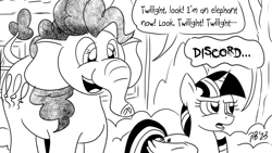 Size: 1200x675 | Tagged: safe, artist:pony-berserker, derpibooru import, pinkie pie, twilight sparkle, twilight sparkle (alicorn), alicorn, elephant, pony, pony-berserker's twitter sketches, black and white, duo, female, grayscale, implied discord, mare, monochrome, pony-berserker's twitter sketches (2023), ponyville, species swap, transformation, twilight sparkle is not amused, unamused