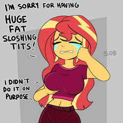 Size: 3600x3600 | Tagged: safe, artist:tjpones, derpibooru import, sunset shimmer, human, equestria girls, belly button, big breasts, breast grab, breast hold, breasts, crying, dialogue, eyes closed, female, gray background, huge breasts, midriff, sad, simple background, solo, solo female, sunset jiggler, vulgar