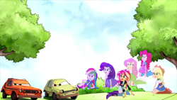 Size: 1704x959 | Tagged: safe, derpibooru import, applejack, fluttershy, pinkie pie, rainbow dash, rarity, sunset shimmer, human, equestria girls, friendship games, background, cars (pixar), cars 2, grass, grem and acer, humane five, scared