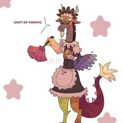 Size: 1080x1080 | Tagged: safe, artist:kibbleb1tez, artist:kibblebitez, derpibooru import, discord, draconequus, clothes, crossdressing, duster, maid, maid discord, maid headdress, male, quote, solo, solo male, standing, stars