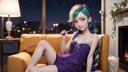 Size: 1920x1080 | Tagged: safe, ai content, derpibooru import, generator:stable diffusion, machine learning generated, rainbow dash, human, braid, braided ponytail, city, cityscape, clothes, female, fireplace, generator:realcartoon3d, human female, lamp, lipstick, looking at you, lying down, multicolored hair, nightgown, on side, ponytail, prompter:marusame, purple eyes, rainbow hair, smiling, smiling at you, sofa, solo, window