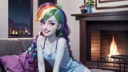 Size: 1920x1080 | Tagged: safe, ai content, derpibooru import, generator:stable diffusion, machine learning generated, rainbow dash, human, blue skin, braid, braided ponytail, city, cityscape, clothes, female, fireplace, generator:realcartoon3d, lipstick, looking at you, multicolored hair, nightgown, pillow, ponytail, prompter:marusame, purple eyes, rainbow hair, sitting, sofa, solo, stars, teeth, window