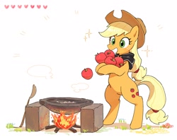 Size: 2900x2300 | Tagged: safe, artist:fuyugi, derpibooru import, applejack, earth pony, pony, apple, bipedal, campfire, cooking, female, fire, food, heart, mare, open mouth, open smile, simple background, smiling, solo, sparkles, spoon, the legend of zelda, the legend of zelda: breath of the wild, white background