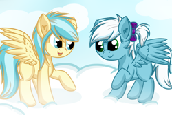 Size: 1280x853 | Tagged: safe, artist:ask-fleetfoot, derpibooru import, fleetfoot, misty fly, pony, ask-fleetfoot, bow, cloud, duo, female, filly, foal, hair bow, younger
