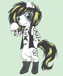 Size: 1439x1727 | Tagged: safe, artist:cactuscruncher, derpibooru exclusive, derpibooru import, earth pony, pony, semi-anthro, andy biersack, bandana, bipedal, black mane, black veil brides, blue eyes, bodypaint, boots, clothes, cross, dyed mane, dyed tail, ear piercing, eye clipping through hair, face paint, facial piercing, green background, hoof on hip, lip piercing, long hair, long mane, looking at you, makeup, male, messy mane, messy tail, piercing, ponified, raised hoof, raised leg, rocker, shoes, simple background, smiling, smiling at you, solo, species swap, stallion, standing, tail, three quarter view, upright, vest, white coat