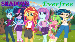 Size: 791x445 | Tagged: safe, derpibooru import, indigo zap, lemon zest, sci-twi, sonata dusk, sunny flare, sunset shimmer, twilight sparkle, human, siren, fanfic:shadows among everfree, equestria girls, legend of everfree, camp everfree, camp everfree outfits, fanfic, fanfic art, fanfic cover