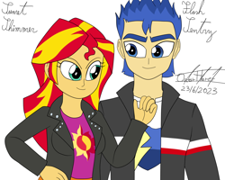 Size: 1280x1024 | Tagged: safe, artist:oscarcajilima, derpibooru import, flash sentry, sunset shimmer, equestria girls 10th anniversary, equestria girls, clothes, duo, female, flashimmer, jacket, leather, leather jacket, male, shipping, simple background, straight, white background