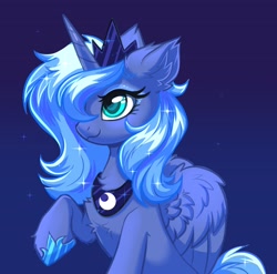 Size: 3280x3235 | Tagged: safe, artist:confetticakez, derpibooru import, princess luna, alicorn, pony, blue background, chest fluff, cute, ear fluff, ears, female, hair over one eye, high res, horn, lunabetes, mare, raised hoof, raised leg, s1 luna, simple background, smiling, solo, sparkles, wings