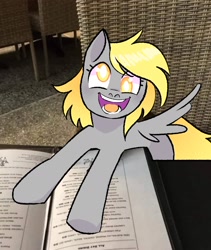 Size: 1464x1738 | Tagged: safe, artist:stevetwisp, derpibooru import, derpy hooves, pegasus, pony, irl, looking at you, menu, open mouth, photo, ponies in real life, smiling, solo, spread wings, white pupils, wings