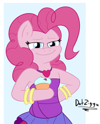 Size: 2103x2584 | Tagged: safe, artist:datzigga, derpibooru import, pinkie pie, pony, semi-anthro, abstract background, bipedal, bracelet, clothes, cupcake, female, food, grin, jewelry, signature, smiling, solo