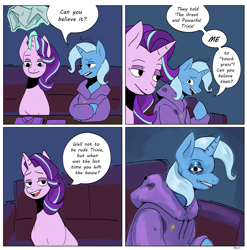 Size: 3486x3525 | Tagged: safe, artist:balileart, derpibooru import, starlight glimmer, trixie, pony, unicorn, bags under eyes, clothes, comic, dialogue, duo, female, folding, high res, hoodie, levitation, magic, mare, speech bubble, telekinesis, touch grass