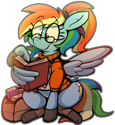 Size: 832x901 | Tagged: safe, artist:malachimoet, derpibooru import, rainbow dash, pegasus, pony, bag, book, clothes, glasses, nerd, outfit, reading, saddle bag, simple background, socks, solo, sticker, transparent background, wing hands, wings