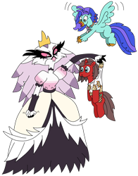 Size: 2234x2847 | Tagged: safe, artist:supahdonarudo, derpibooru import, oc, oc:ironyoshi, oc:sea lilly, classical hippogriff, demon, hippogriff, pony, unicorn, angry, atg 2023, avian, avian demon, camera, clothes, fist, flying, happy, helluva boss, holding, holding a pony, jewelry, necklace, newbie artist training grounds, panic, scared, scowl, shirt, simple background, stella (helluva boss), transparent background
