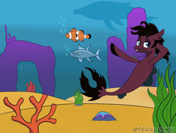 Size: 2000x1515 | Tagged: safe, artist:feralroku, derpibooru import, seapony (g4), whale, bubble, clownfish, commission, coral, dorsal fin, fin, fish tail, hooves behind head, humpback whale, jordan fish, male, ocean, raised hoof, raised leg, rock, seaweed, starfish, swimming, tail, tuna, underwater, water