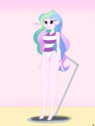 Size: 2900x3866 | Tagged: safe, alternate version, artist:diegosagiro, derpibooru import, princess celestia, principal celestia, equestria girls, assisted exposure, barefoot, breasts, clothes, doll, dollified, english, feet, female, inanimate tf, multiple variants, pedestal, screaming internally, solo, swimsuit, toy, transformation, watch, wristwatch