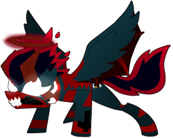 Size: 1559x1242 | Tagged: safe, artist:yamston, derpibooru import, oc, oc only, oc:lance greenfield, demon, demon pony, pony, fanfic:living the dream, apollyon form, blood, collar, fanfic art, glowing, glowing eyes, gritted teeth, halo, horns, mane of fire, simple background, solo, spread wings, super form, teeth, transparent background, wings