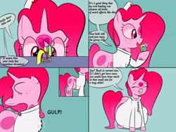 Size: 4000x3000 | Tagged: safe, artist:bestponies, derpibooru import, oc, oc only, oc:cuteamena, oc:doctor gumheart, earth pony, goo, goo pony, monster pony, original species, pony, unicorn, belly, big belly, butt, clothes, dialogue, doctor, earth pony oc, endosoma, female, hat, horn, huge belly, impossibly large belly, mare, micro, non-fatal vore, peeking, plot, safe vore, smiling, vore