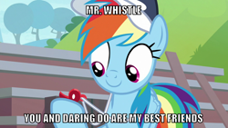 Size: 1066x600 | Tagged: safe, derpibooru import, edit, edited screencap, editor:twi clown, screencap, rainbow dash, pegasus, pony, 2 4 6 greaaat, buckball court, caption, coach rainbow dash, coaching cap, cute, dashabetes, female, image macro, mare, rainbow dashs coaching whistle, smiling, solo, text, that pony sure does love whistles, this will end in deafness, whistle