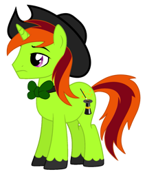 Size: 1081x1280 | Tagged: safe, artist:nightlightartz, artist:sunshinesparkleyt, derpibooru import, oc, oc only, oc:sunrise spectre, pony, unicorn, base used, bowtie, colored hooves, cowboy hat, frown, hat, horn, male, purple eyes, simple background, solo, stallion, standing, stetson, transparent background, unicorn oc, unshorn fetlocks