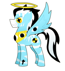 Size: 1456x1600 | Tagged: safe, artist:yamston, derpibooru import, oc, oc only, oc:lance greenfield, angel, pony, zebra, fanfic:living the dream, 2023, collar, cross, fanfic art, golden eyes, halo, holy dawn, simple background, smiling, solo, spread wings, super form, tail, transparent background, two toned mane, white stripes, wings, zebra oc