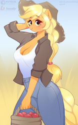 Size: 2496x4000 | Tagged: safe, artist:xjenn9, derpibooru import, applejack, anthro, earth pony, adorasexy, apple, applerack, basket, braid, braided tail, breasts, cleavage, clothes, cottagecore, cute, female, food, gradient background, hat, jackabetes, looking at you, mare, sexy, solo, stupid sexy applejack, tail