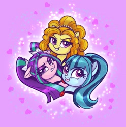 Size: 2028x2048 | Tagged: safe, artist:sophillia, derpibooru import, adagio dazzle, aria blaze, sonata dusk, pony, equestria girls, bust, frown, heart, jewelry, necklace, pink background, simple background, smiling, the dazzlings, trio