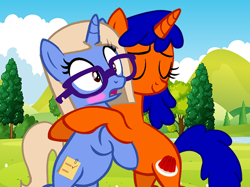 Size: 750x562 | Tagged: safe, artist:silentfilly, derpibooru import, oc, oc only, pony, unicorn, background used, base used, bipedal, blushing, duo, duo female, eyes closed, female, glasses, horn, hug, mare, oc x oc, shipping, surprised, tree, unicorn oc