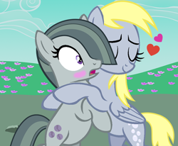 Size: 750x617 | Tagged: safe, artist:silentfilly, derpibooru import, derpy hooves, marble pie, earth pony, pegasus, pony, background used, base used, bipedal, bipedal leaning, blushing, crack shipping, cute, duo, duo female, eyes closed, female, floating heart, heart, hug, leaning, lesbian, marblebetes, marblederp, mare, shipping, surprised, wings