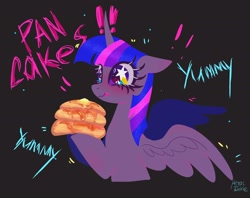 Size: 2048x1620 | Tagged: safe, artist:petaltwinkle, derpibooru import, twilight sparkle, twilight sparkle (alicorn), alicorn, pony, black background, blushing, cute, ears, exclamation point, female, floppy ears, food, hoof hold, i'm pancake, licking, licking lips, mare, pancakes, simple background, solo, spread wings, starry eyes, tongue, tongue out, twiabetes, wingding eyes, wings