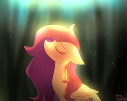 Size: 1024x810 | Tagged: safe, artist:petaltwinkle, derpibooru import, fluttershy, pegasus, pony, blushing, ears, eyes closed, female, floppy ears, light, looking up, mare, profile, smiling, solo