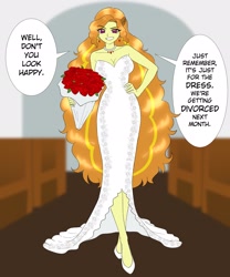 Size: 1707x2048 | Tagged: safe, artist:rileyav, derpibooru import, adagio dazzle, human, equestria girls, adagiazonga dazzle, bare shoulders, bouquet, breasts, cleavage, clothes, commission, dialogue, dress, ear piercing, earring, female, flower, gold digger, grin, hand on hip, jewelry, long hair, necklace, piercing, rose, smiling, solo, speech bubble, talking to viewer, wedding dress