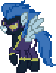 Size: 1342x1765 | Tagged: safe, artist:baron-kettell, artist:polygonical, derpibooru import, nightshade, oc, oc only, pegasus, pony, desktop ponies, female, grin, mare, pixel art, raised hoof, raised leg, shadowbolts, simple background, smiling, solo, spread wings, sprite, transparent background, wings