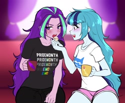 Size: 1700x1400 | Tagged: safe, artist:rileyav, derpibooru import, aria blaze, sonata dusk, human, equestria girls, arisona, bed hair, blushing, clothes, commission, cup, duo, duo female, feeding, female, lesbian, looking away, loose hair, meme, open mouth, open smile, pride, pride month, pride month demon, shipping, shirt, smiling, teacup, tsundere