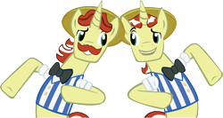 Size: 2044x1086 | Tagged: safe, artist:baron-kettell, artist:polygonical, derpibooru import, flam, flim, pony, unicorn, bipedal, brothers, duo, flim flam brothers, grin, identical twins, looking at each other, looking at someone, male, siblings, simple background, smiling, stallion, transparent background, twin brothers, twins, vector