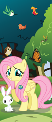 Size: 2410x5606 | Tagged: safe, artist:baron-kettell, artist:polygonical, derpibooru import, angel bunny, fluttershy, philomena, bird, butterfly, owl, parasprite, pegasus, phoenix, pony, rabbit, animal, b.u.c.k., banner, female, fluttershy's cottage, grin, high res, mare, poster, raised hoof, raised leg, show accurate, shy, smiling, solo focus, vector