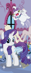 Size: 2410x5670 | Tagged: safe, artist:baron-kettell, artist:polygonical, derpibooru import, opalescence, rarity, cat, pony, unicorn, b.u.c.k., banner, carousel boutique, female, grin, high res, jumping, looking at you, mare, ponyquin, poster, show accurate, smiling, solo focus, sparkles, vector