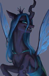 Size: 1950x3000 | Tagged: safe, artist:inarimayer, derpibooru import, queen chrysalis, changeling, changeling queen, g4, belly, concave belly, crown, fangs, gray background, jewelry, lidded eyes, lighting, looking at you, narrowed eyes, open mouth, open smile, raised hooves, rearing, regalia, shading, simple background, sinister smile, slim, slit eyes, smiling, smiling at you, solo, spread wings, sternocleidomastoid, teeth, wings