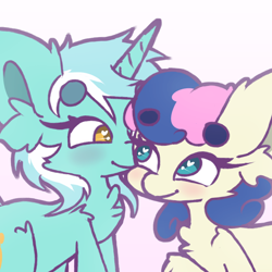 Size: 2000x2000 | Tagged: safe, artist:myth_cryptid, derpibooru import, bon bon, lyra heartstrings, sweetie drops, earth pony, pony, unicorn, beanbrows, chest fluff, duo, ear fluff, ears, eyebrows, eyebrows visible through hair, female, gradient background, heart, heart eyes, high res, lesbian, looking at each other, looking at someone, lyrabon, mare, nuzzling, raised hoof, raised leg, shipping, smiling, song cover, wingding eyes