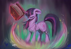 Size: 3852x2650 | Tagged: safe, artist:winpuss, derpibooru import, twilight sparkle, unicorn twilight, pony, unicorn, abstract background, book, ears, eyes closed, female, floppy ears, mare, solo