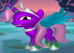 Size: 978x697 | Tagged: safe, derpibooru import, editor:incredibubbleirishguy, oc, oc only, oc:chris kirksey, alicorn, 3d, 3d pony creator, alicorn oc, blue wings, brown eyes, cgi, crown, hoof shoes, horn, jewelry, looking at you, pink hair, pink mane, pink tail, princess, princess shoes, purple, purple pony, regalia, smiling, smiling at you, tail, wings