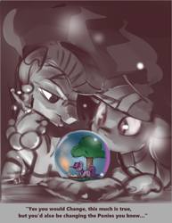 Size: 742x963 | Tagged: safe, artist:applepost67, derpibooru exclusive, derpibooru import, twilight sparkle, zecora, pony, unicorn, zebra, crystal ball, text