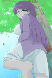 Size: 3268x4882 | Tagged: safe, artist:batipin, derpibooru import, maud pie, equestria girls, barefoot, clothes, dress, eyeshadow, feet, from below, jacket, looking at you, looking down, looking down at you, makeup, purse, solo, tree